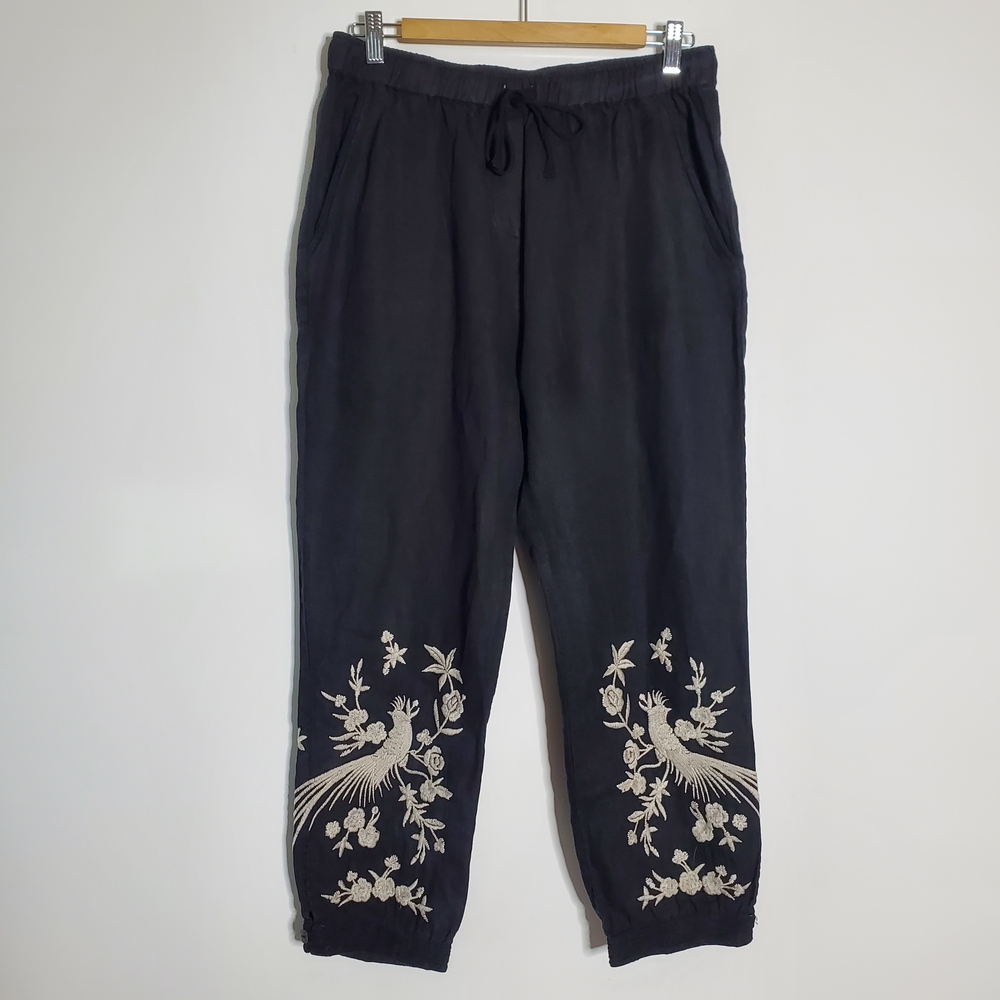 Johnny Was Los Angeles 100% Linen black Embroidered drawstring pants M